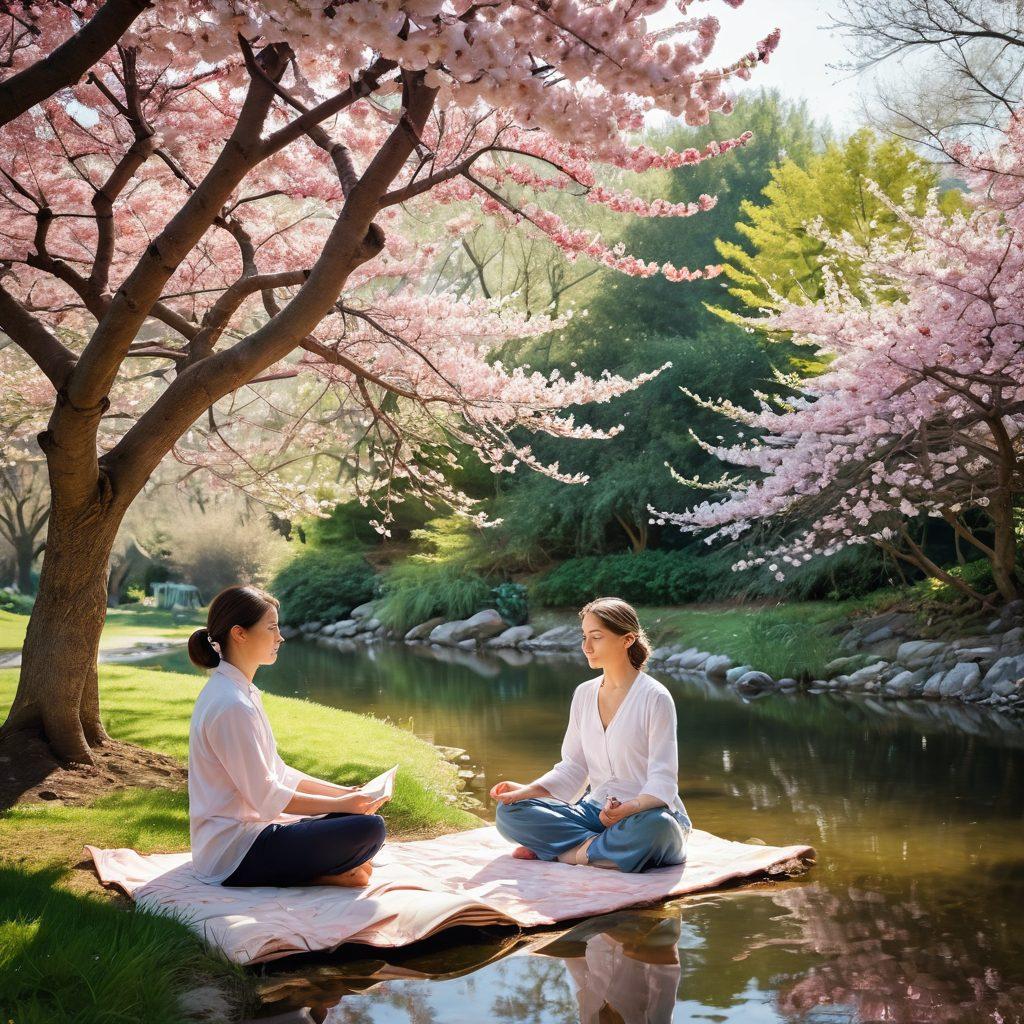 A peaceful scene depicting a serene garden with a person meditating under a blooming cherry blossom tree. Surround them with soft rays of sunlight filtering through the leaves, gentle streams of water, and colorful flowers in full bloom, symbolizing joy and tranquility. Include subtle elements like a steaming cup of herbal tea and a journal, representing reflection and mindfulness. Captured in warm, inviting colors to evoke a sense of calm and contentment. super-realistic. vibrant colors. natural light.