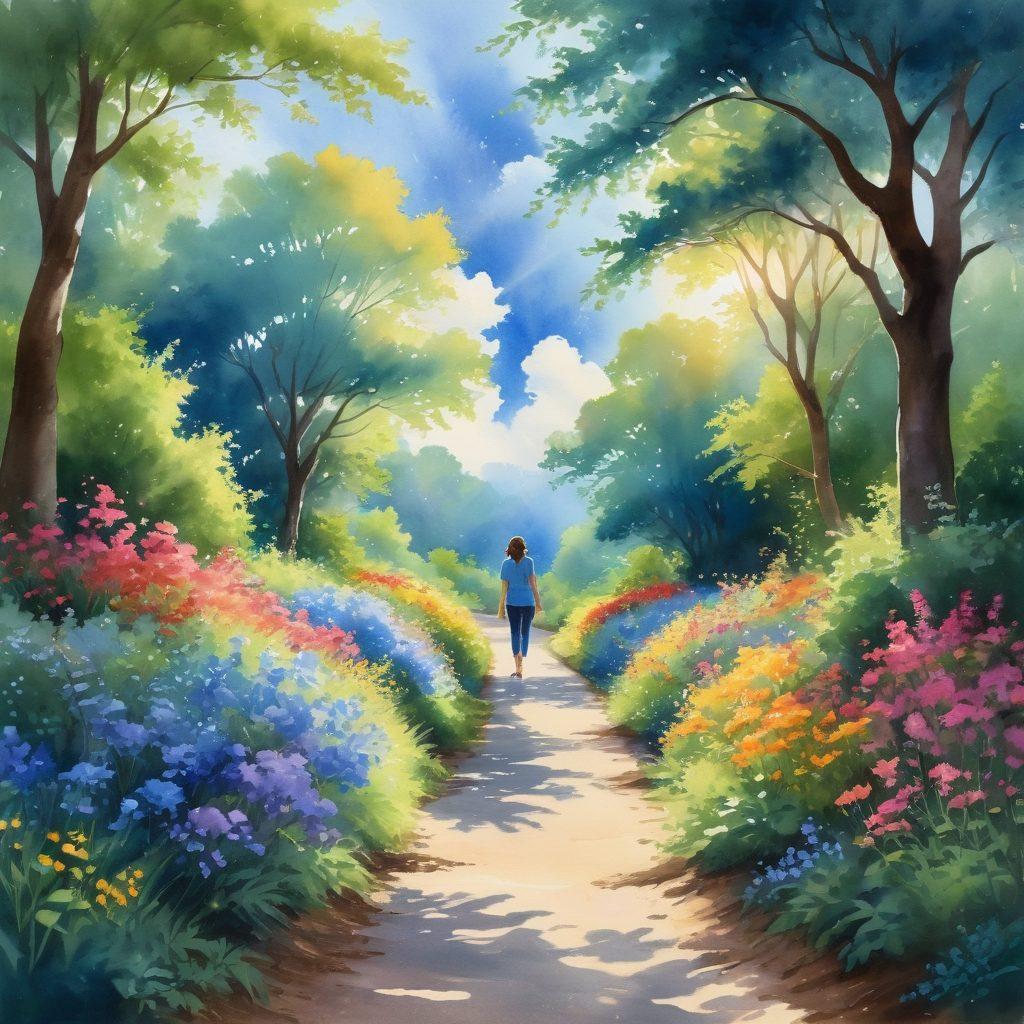 A serene landscape pathway meandering through lush greenery, with beams of sunlight breaking through the trees. Along the path, vibrant flowers bloom, symbolizing joy and positivity. Soft clouds float in a blue sky above, creating an uplifting atmosphere. A silhouette of a person walking the path, embodying a journey towards happiness and elation. watercolor painting. vibrant colors.